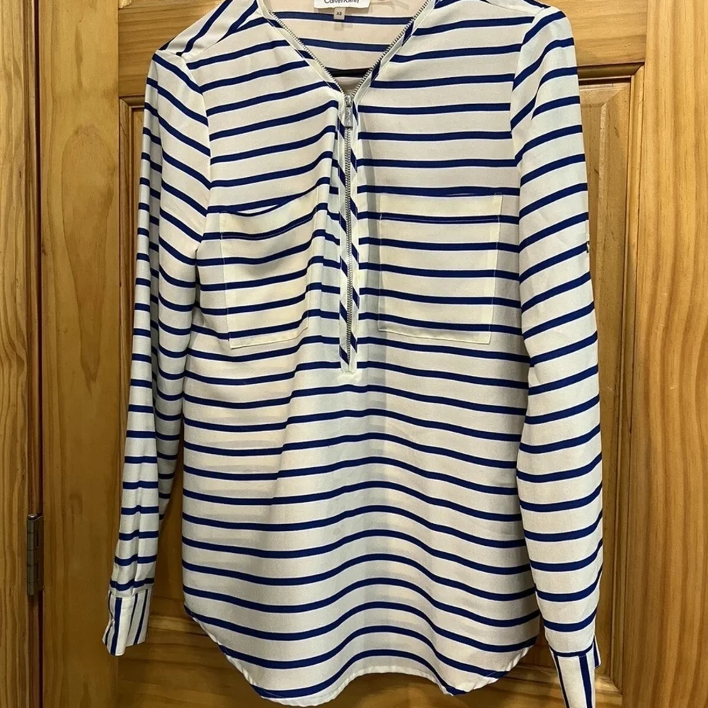 Calvin Klein Blue and White Striped Qaurter Zip Blouse Sz.Large - Picture 2 of 5